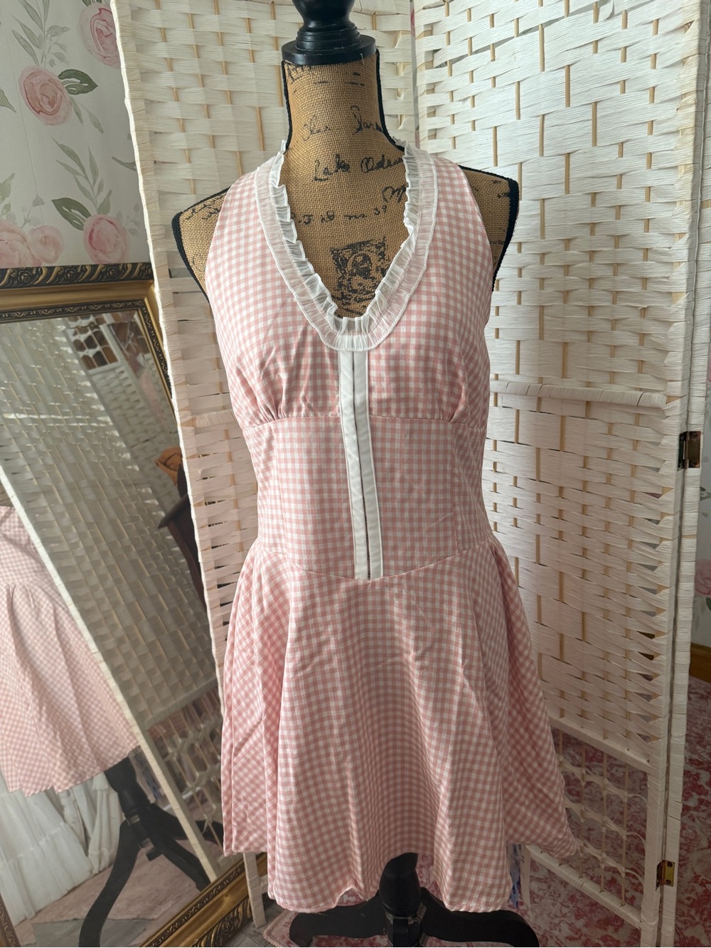 Women’s Pink Gingham Halter Ruffle Mini Dress - NEW W/tags